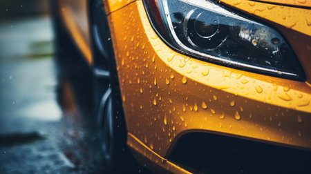 Car wet, A car in the rain the focus is on the tires, Close-up of car tires on wet, AI Generative.の素材