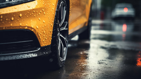Car wet, A car in the rain the focus is on the tires, Close-up of car tires on wet, AI Generative.の素材