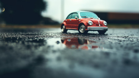 Car wet, A car in the rain the focus is on the tires, Close-up of car tires on wet, AI Generative.の素材