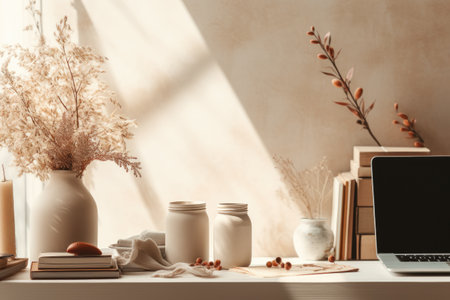 Desk interior style minimal pastel desk with vase and laptop, AI Generative.の素材
