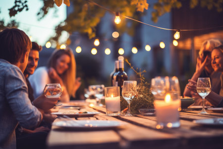 Happy friends having fun outdoor. Group of friends having backyard dinner party together.の素材