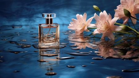 Product photo of a perfume floating on the water surface, AI Generative.の素材