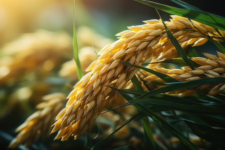 Ear of rice, Rice field, Closeup of yellow paddy rice field with green leaf and Sunlight in the morning time..の素材