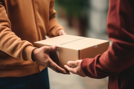 Postman Delivery concept, Delivery man hands giving cardboard package to another hand, AI Generative.の素材
