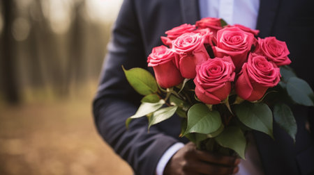 Man with red roses bouquet, Valentines Day, AI Generative.の素材