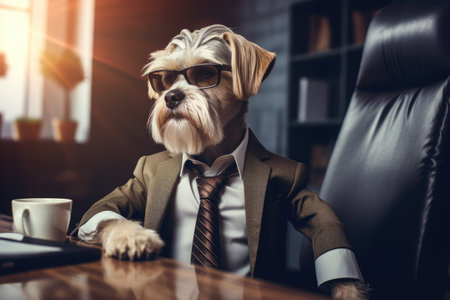 dog in a suit and tie works in the office, animal theme, AI Generative.の素材