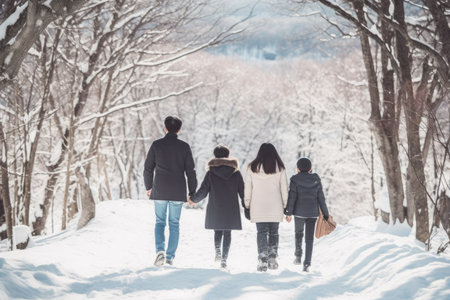family walking together in a landscape covered with wonderful snow, AI Generative.の素材