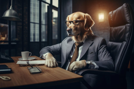 dog in a suit and tie works in the office, animal theme, AI Generative.の素材