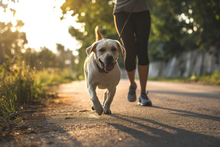 A person jogging with their dog as a fun way to exercise.の素材