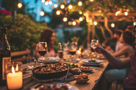 Happy friends having fun outdoor. Group of friends having backyard dinner party.の素材