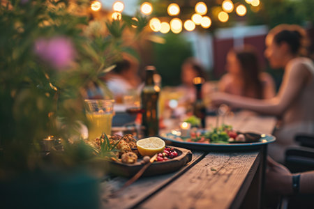 Happy friends having fun outdoor. Group of friends having backyard dinner party.の素材
