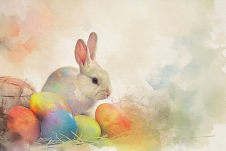 Adorable Easter Bunny With Easter Eggs, colorful Easter eggs, banner and wallpaper, watercolor.の素材