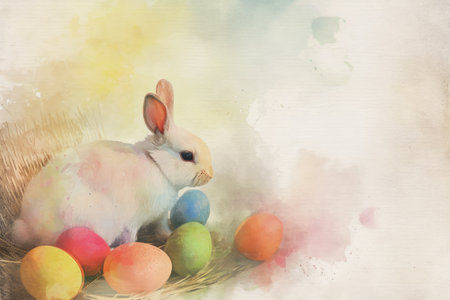 Adorable Easter Bunny With Easter Eggs, colorful Easter eggs, banner and wallpaper, watercolor.の素材