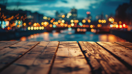 Blank wood tabletop with blurred night city skyline and river, showcase, nightlife. Ai generatedの素材