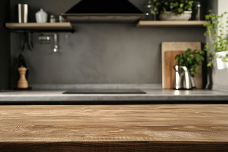 Empty counter table top for product display in modern kitchen interior.の素材