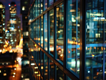 Business building city night view, Modern Office Building Illuminated at Night.の素材