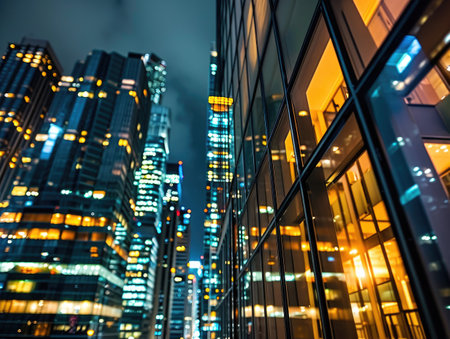 Business building city night view, Modern Office Building Illuminated at Night.の素材