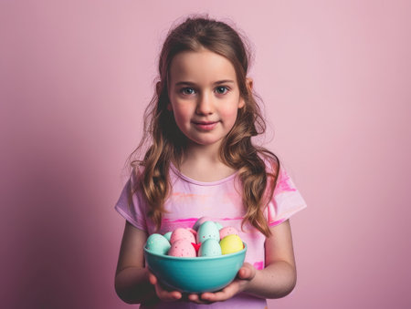 Girl holds bowl of Easter eggs, isolated, Happy Easter, Easter Day celebration.の素材