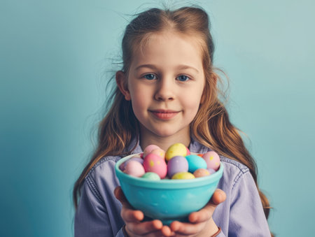 Girl holds bowl of Easter eggs, isolated, Happy Easter, Easter Day celebration.の素材