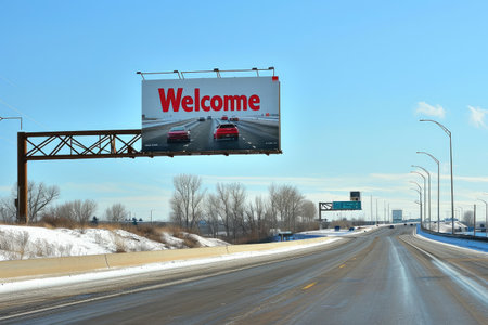 The word Welcome on road sign billboard, Welcome to Highway Road Sign.の素材