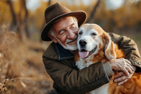 A portrait of a happy senior older with a dog, The elderly with pet.の素材