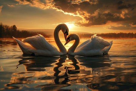 Romantic swans making a heart shape, Swan couple for Valentine's Day.の素材