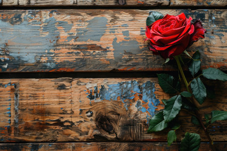 Rustic wooden background with a Valentine's theme with rose, Greeting card with copy space.の素材