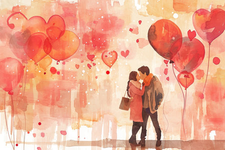 Valentine's Day banner with a watercolor style backdrop with adorable couples and heart balloons.の素材
