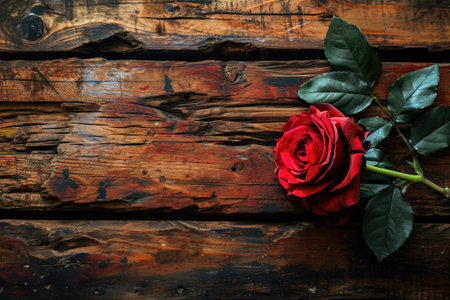 Rustic wooden background with a Valentine's theme with rose, Greeting card with copy space.の素材