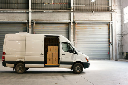 White van with cardboard boxes in warehouse. Cargo transportation and logistics concept.の素材