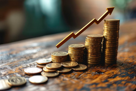 Coins stack growing graph on wooden table. Business growth concept.の素材