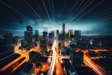 Double exposure of high speed road and cityscape at night. Concept of business and technology.の素材