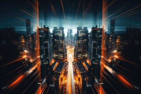 Futuristic city at night with light trails. 3D renderingの素材