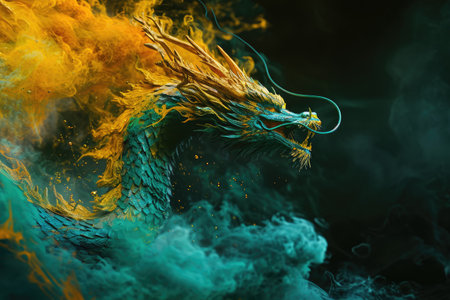 Image of dragon with colourful smoke on black background. Mythical creatures. Illustration.の素材