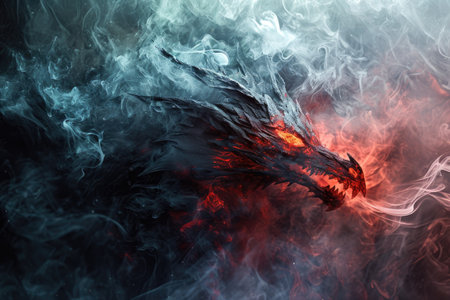 Image of dragon with colourful smoke on black background. Mythical creatures. Illustration.の素材