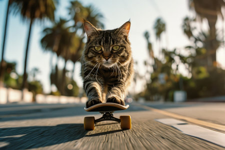 Skateboarding cat. Funny cat rides skateboard on the street in summer city.の素材