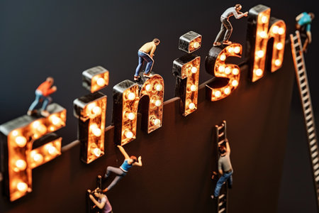 Figurine of many people action to lean on the ladder and climb up to the top a giant word Finish.の素材