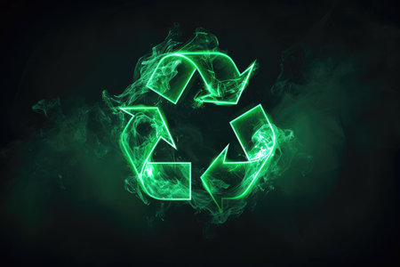Glowing sign of green recycling symbol on black background. futuristic design, green light effect.の素材