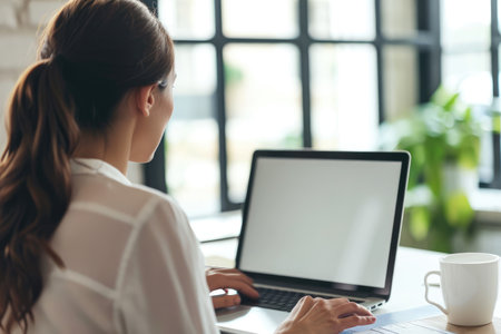 Mockup image of a woman using laptop and presenting with blank white screen for advertising text.の素材