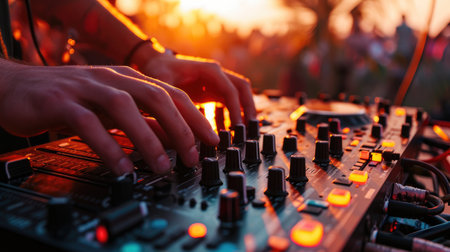 Close up of sound mixer equipment, Dj mixing music outdoor at party festival.の素材
