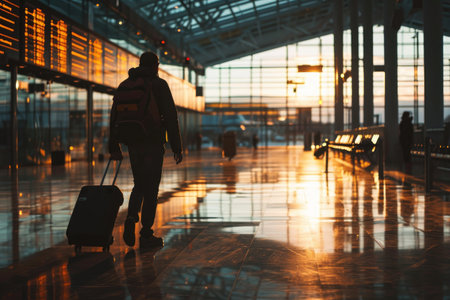 Traveling by airplane. Man walking with backpack and suitcase walking through airport terminal.の素材