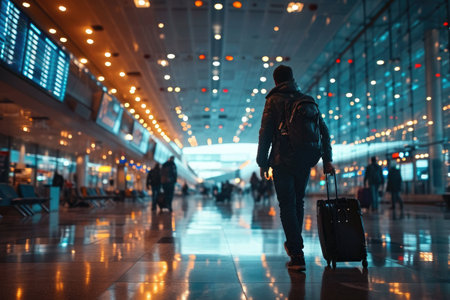 Traveling by airplane. Man walking with backpack and suitcase walking through airport terminal.の素材