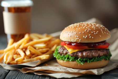 Fast food banner with copy space area, Junk Food, Fresh Crispy Fried Burger, Ready to Serve.の素材