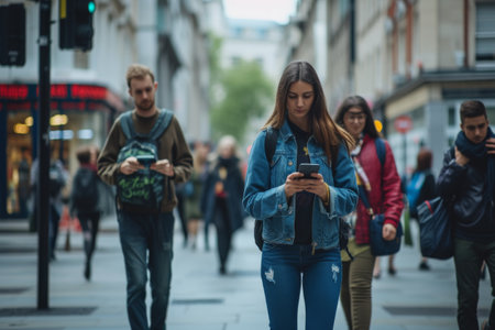 Nomophobia, people walking outdoors at the city street holding their smartphone.の素材