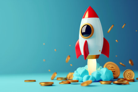 Startup, rocket, 3d flying space rocket with money coin. Spaceship launch on blue background.の素材