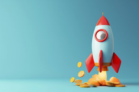 Startup, rocket, 3d flying space rocket with money coin. Spaceship launch on blue background.の素材