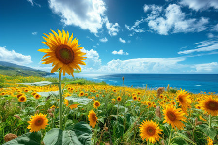 sunflower, Beautiful field of blooming sunflowers against blurry sunny cloudy and blue sky.の素材