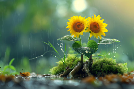 sunflower, Beautiful field of blooming sunflowers against blurry sunny cloudy and blue sky.の素材