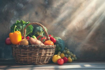 fruits and vegetables arranged in a wicker basket on a rustic wooden background.の素材