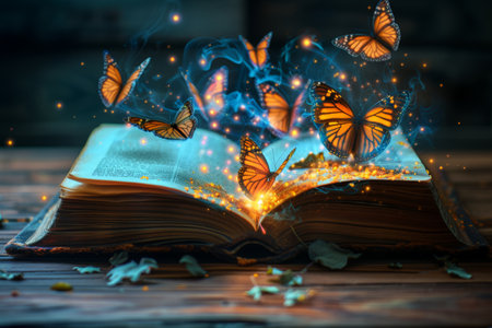 Fantasy book, Butterflies Flying Out Of Open Book background or wallpaper, fairy tale book concept.の素材